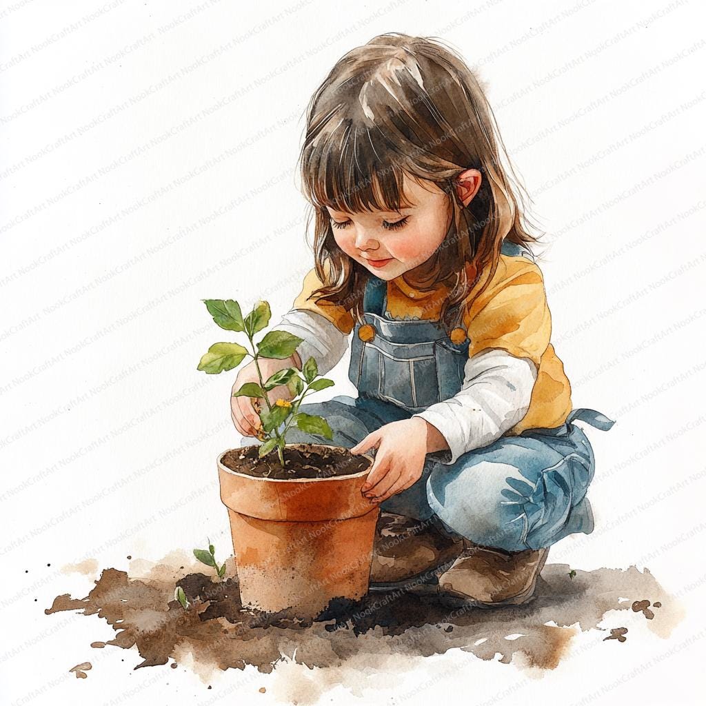 Emma planting her first sunflower seeds in the garden